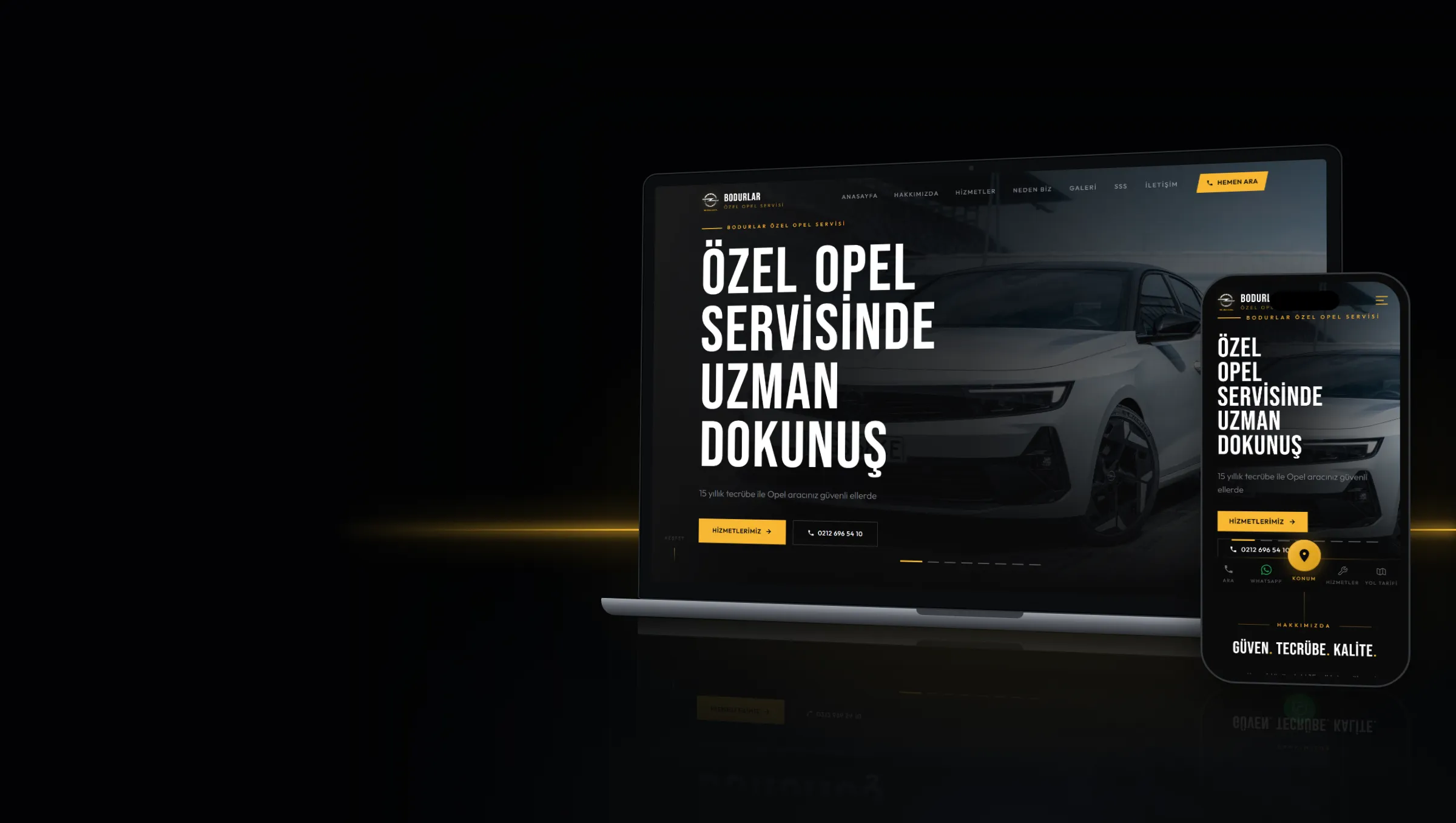 Bodurlar Opel Servisi site shown on a laptop and a phone